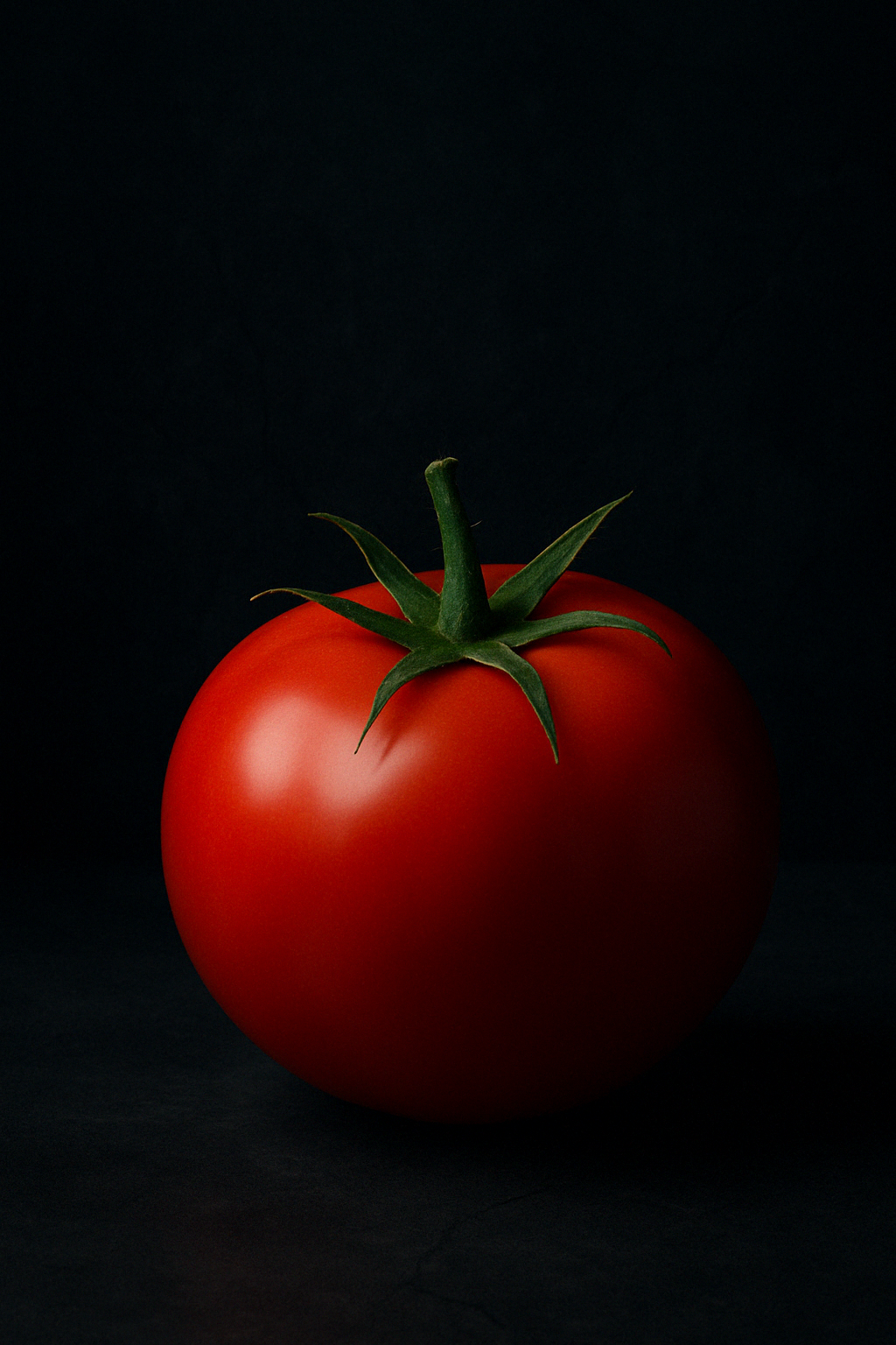어두운 배경 위에 강한 존재감을 드러내는 단 하나의 토마토. 윤기 나는 붉은 표면과 선명한 초록색 꼭지가 대비를 이루며 토마토의 생동감과 건강함을 상징적으로 표현한다.