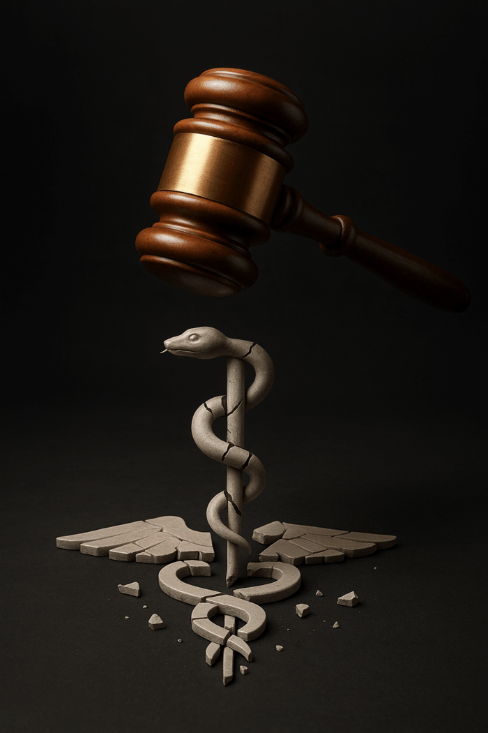 A 3D surreal image of a judge’s gavel hovering over a fragmented medical symbol, representing legal scrutiny over different types of medical advertising.